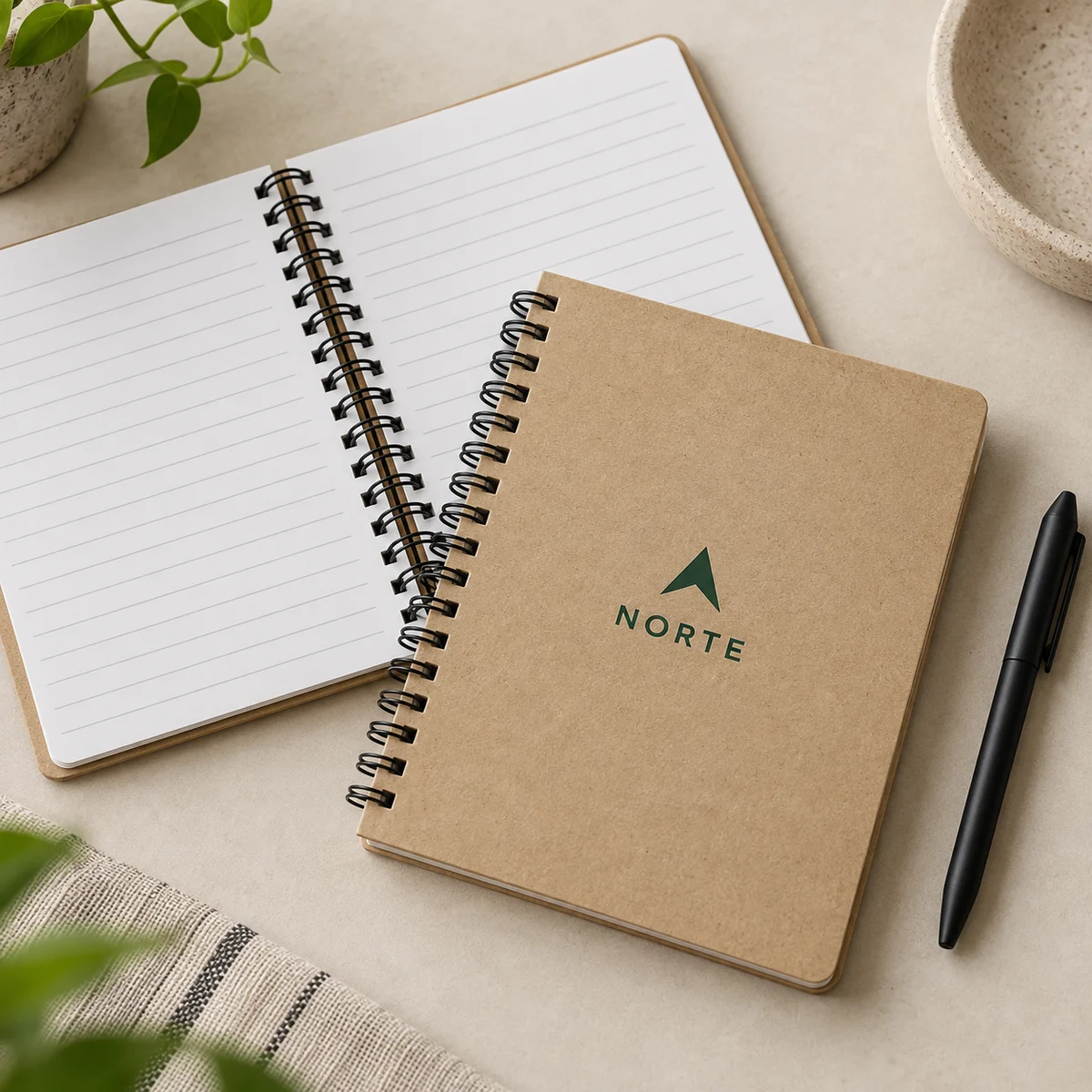 Muestra conceptual: Libretas kraft · espiral y marca en tapa