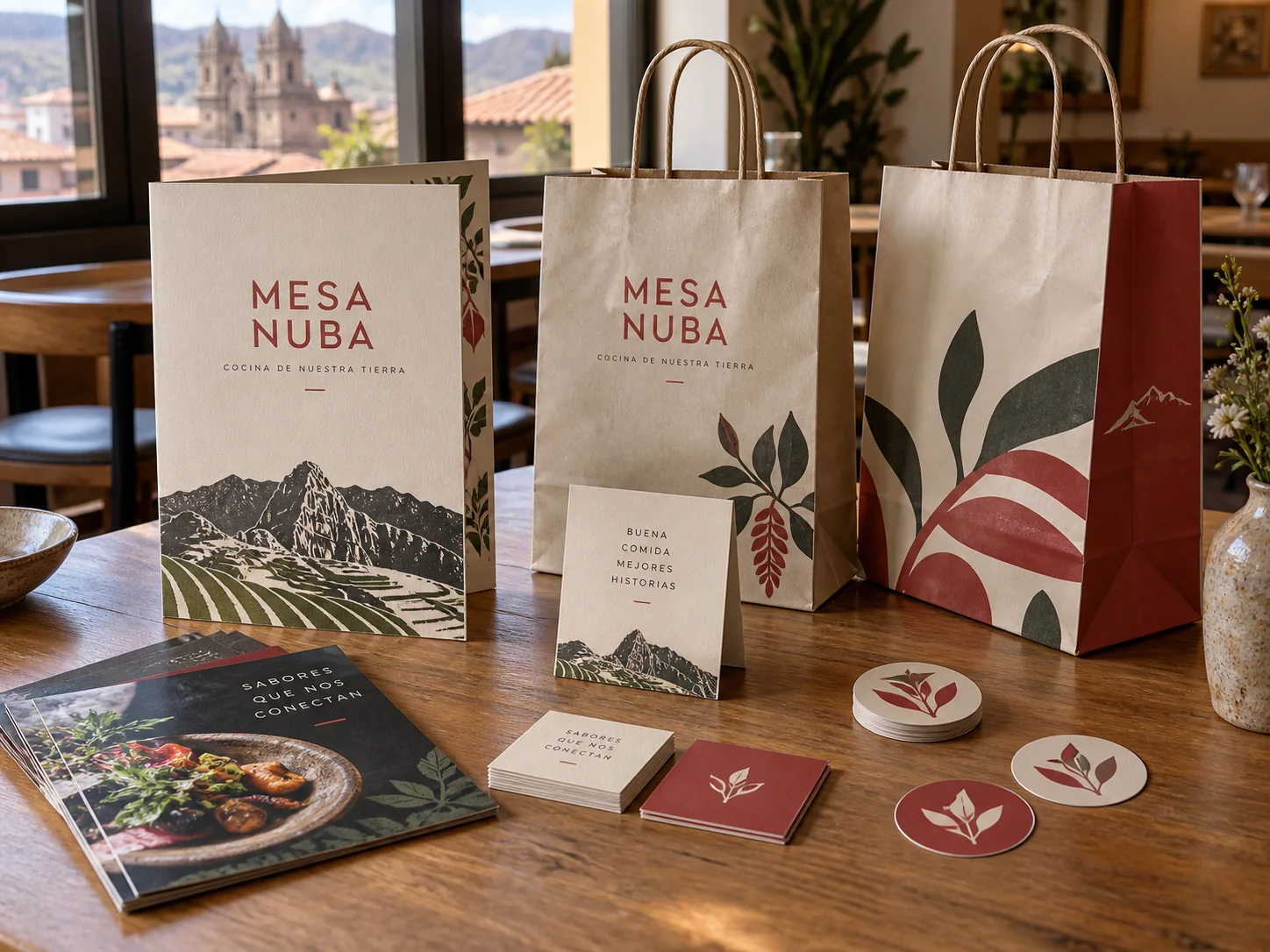 Ejemplo conceptual de menús, bolsas, volantes y stickers para la marca ficticia Mesa Nuba